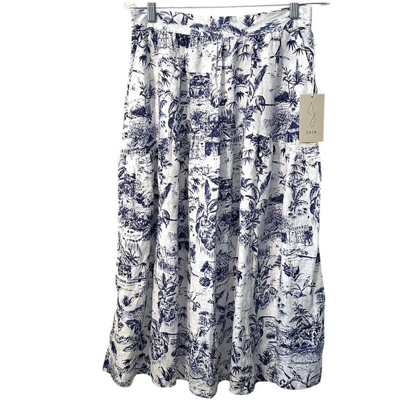 Joie Linen Midi Skirt Womens Medium White Blue Pull On Beachy Tropical Floral - Picture 2 of 10